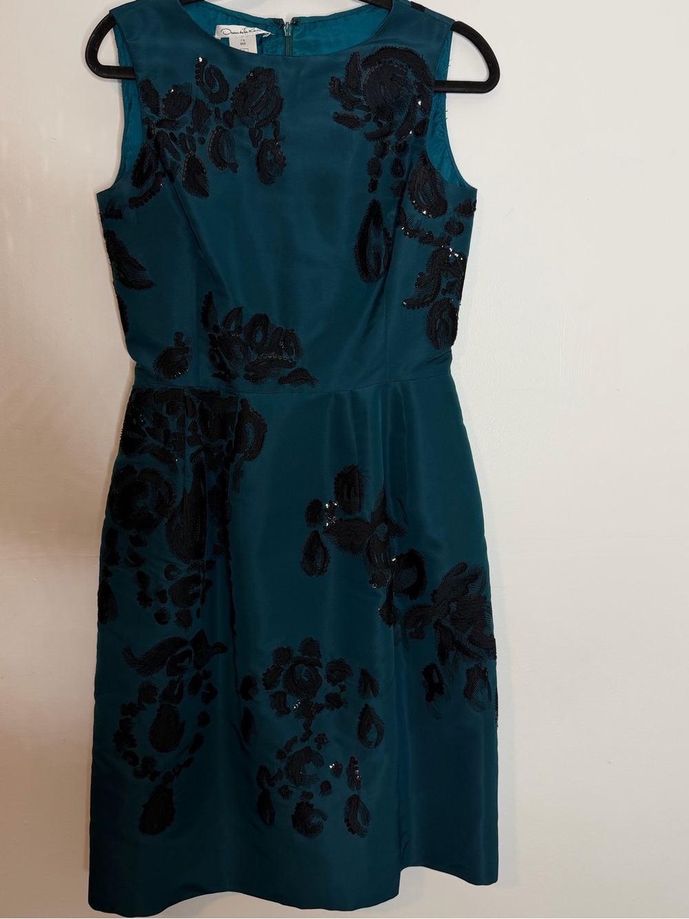 Oscar de la Renta Teal Sleeveless Midi Dress with Black Floral Appliqué